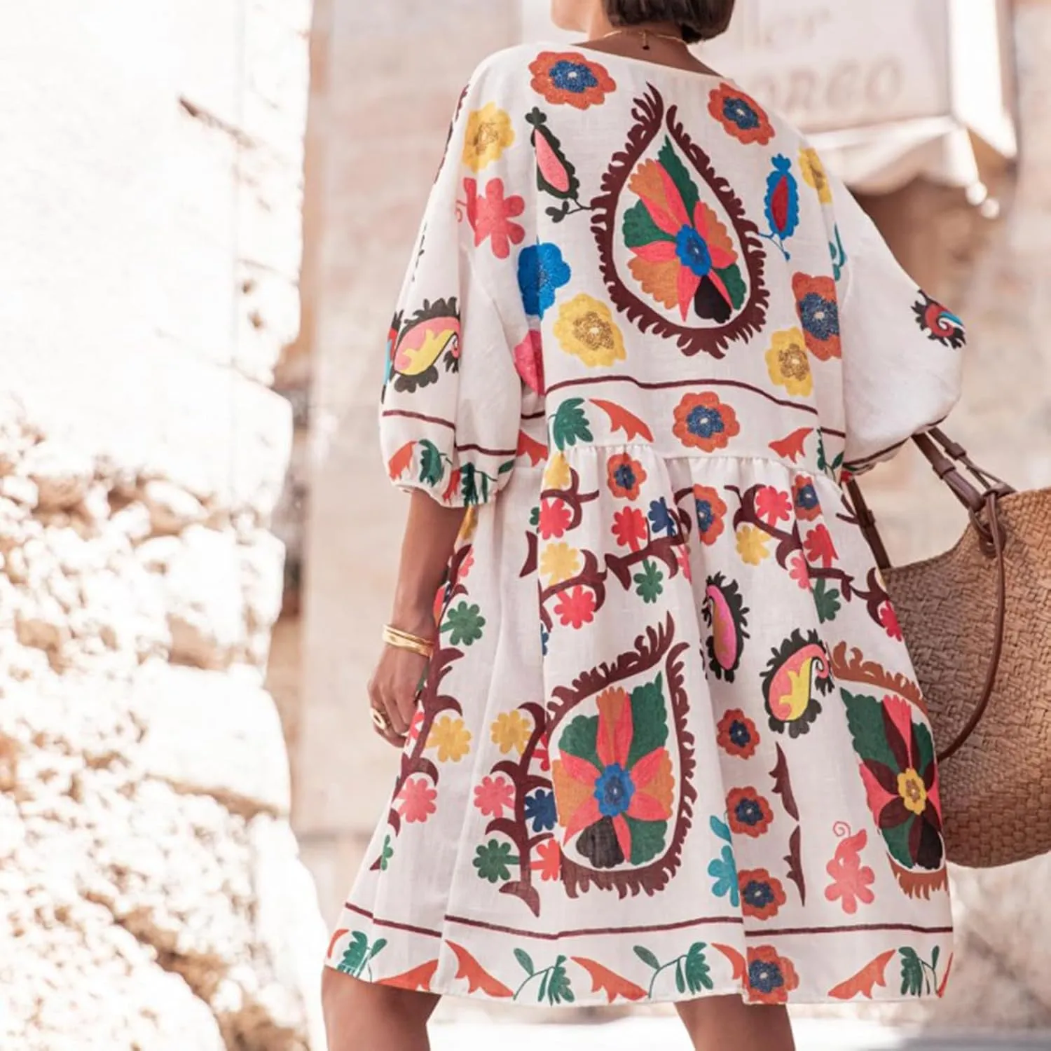 IMISSILLEB Women Boho Colorful Mini Dress Puff Sleeve V Neck Tiered Button Down Collared Dress Swing Flowy Tunic Short Dress