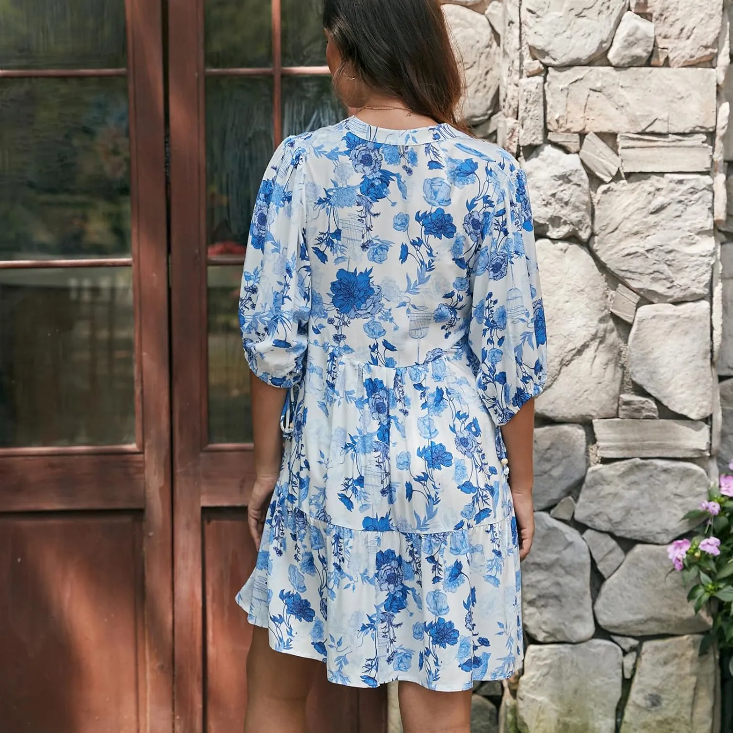 IMISSILLEB Women Boho Colorful Mini Dress Puff Sleeve V Neck Tiered Button Down Collared Dress Swing Flowy Tunic Short Dress