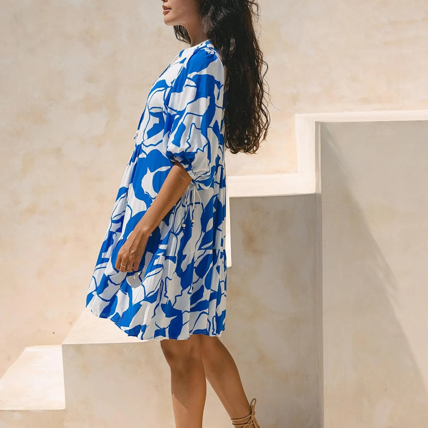 IMISSILLEB Women Boho Colorful Mini Dress Puff Sleeve V Neck Tiered Button Down Collared Dress Swing Flowy Tunic Short Dress