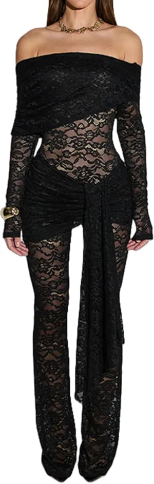Lace One Piece Jumpsuit for Women Black See Through Jumpsuit Off Shoulder One Piece Outfit Long Sleeve Jumpsuits