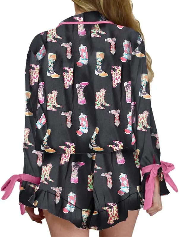 LILTWIST Cute Bow Pajamas for Women Silk Satin Y2k Floral Print 2 Piece Pjs Bow Tie Long Sleeve Shirt and Ruffle Shorts Sets