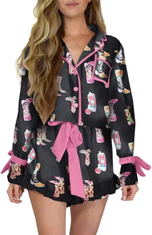 LILTWIST Cute Bow Pajamas for Women Silk Satin Y2k Floral Print 2 Piece Pjs Bow Tie Long Sleeve Shirt and Ruffle Shorts Sets