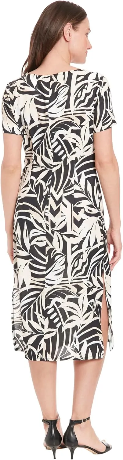 London Times Tropical Leaf Print Midi Women-Summer Beach and Vacation Dresses with Side Tie, Fitted Bodice & Flared Skirt
