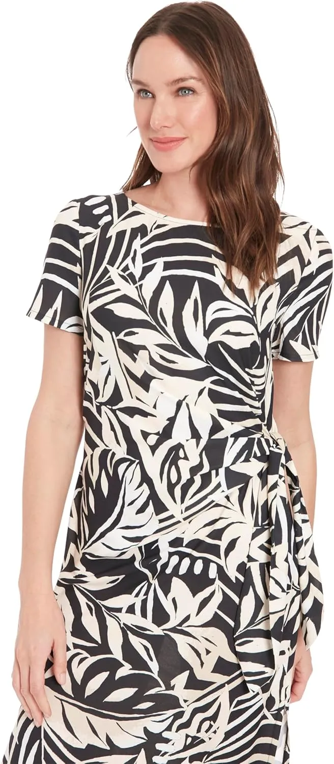 London Times Tropical Leaf Print Midi Women-Summer Beach and Vacation Dresses with Side Tie, Fitted Bodice & Flared Skirt
