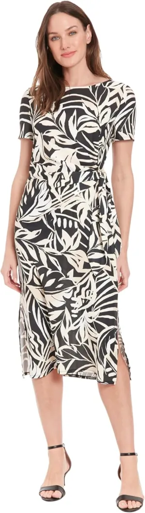 London Times Tropical Leaf Print Midi Women-Summer Beach and Vacation Dresses with Side Tie, Fitted Bodice & Flared Skirt