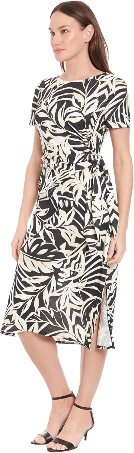 London Times Tropical Leaf Print Midi Women-Summer Beach and Vacation Dresses with Side Tie, Fitted Bodice & Flared Skirt