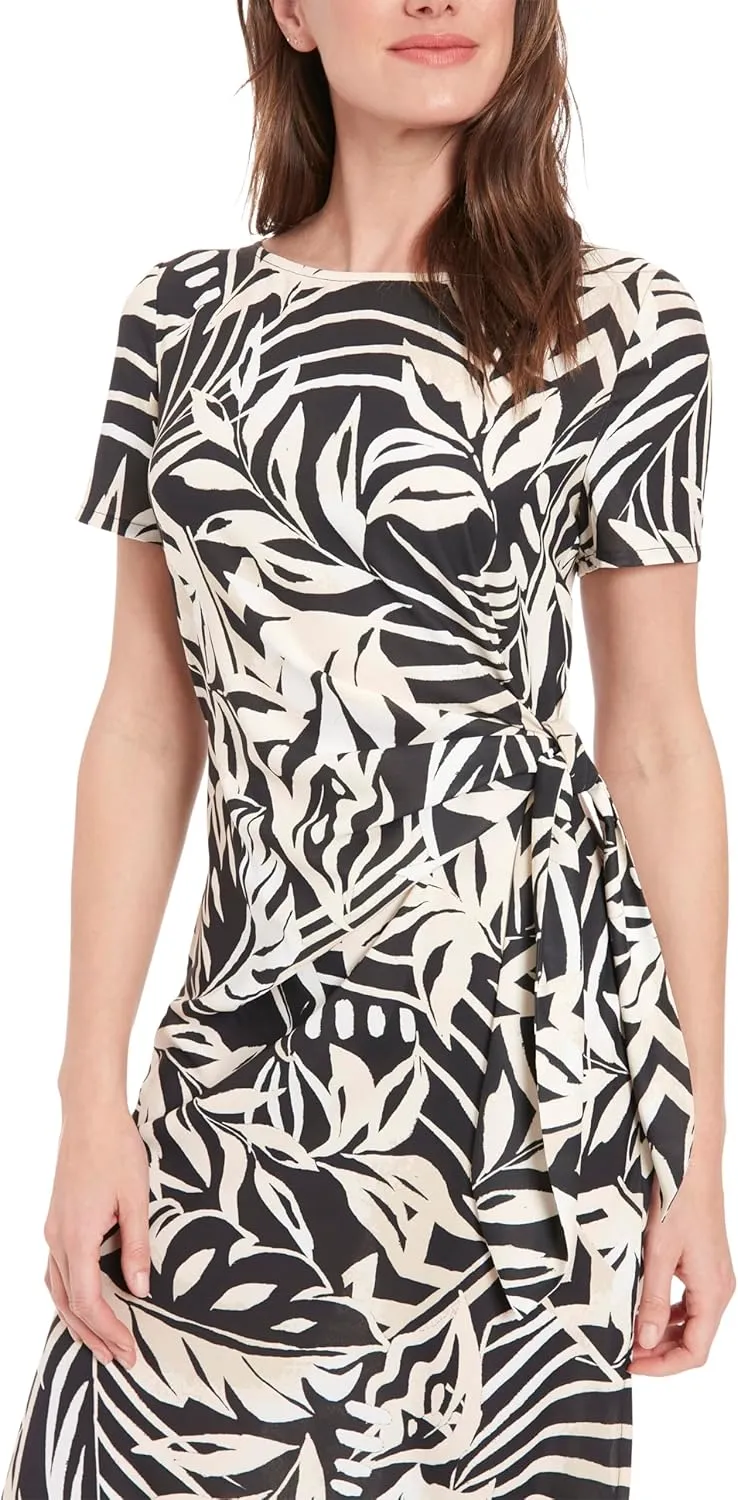London Times Tropical Leaf Print Midi Women-Summer Beach and Vacation Dresses with Side Tie, Fitted Bodice & Flared Skirt