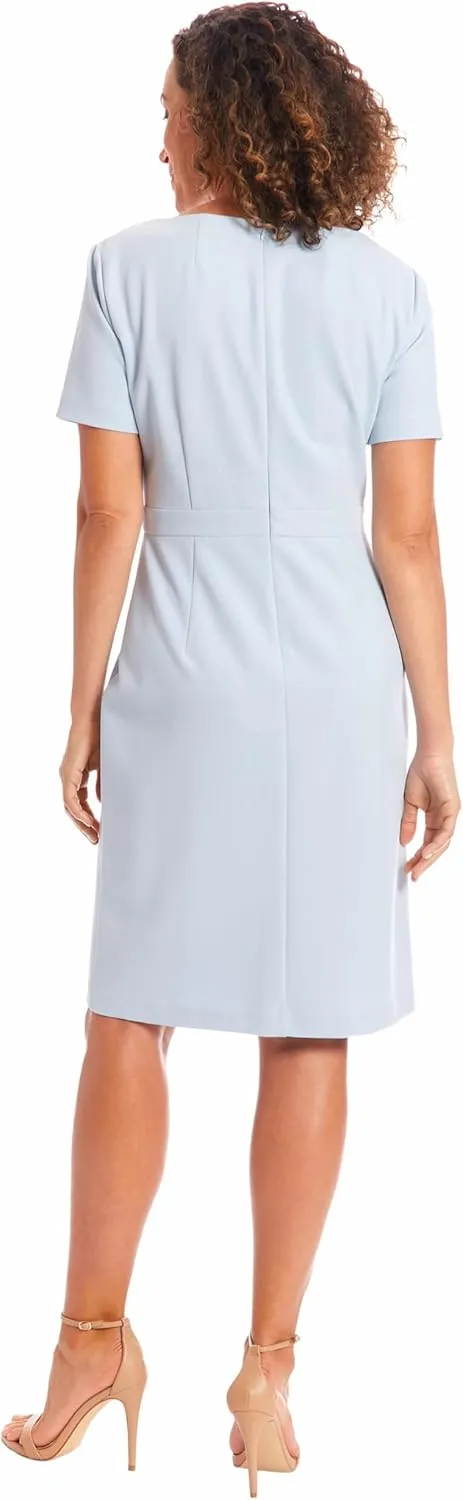 London Times Women's Boat Neck Side Tie Short Sleeve Knee Length-Cocktail Party Summer Dress with Bow Detail