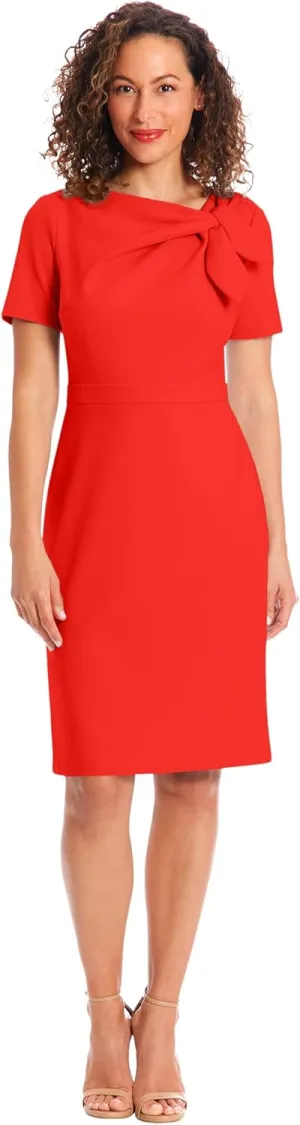 London Times Women's Boat Neck Side Tie Short Sleeve Knee Length-Cocktail Party Summer Dress with Bow Detail