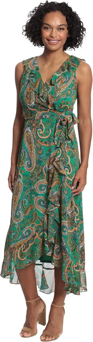 London Times Women's Hem Maxi, Ruffle Detail Hi-Low Faux Wrap Dress
