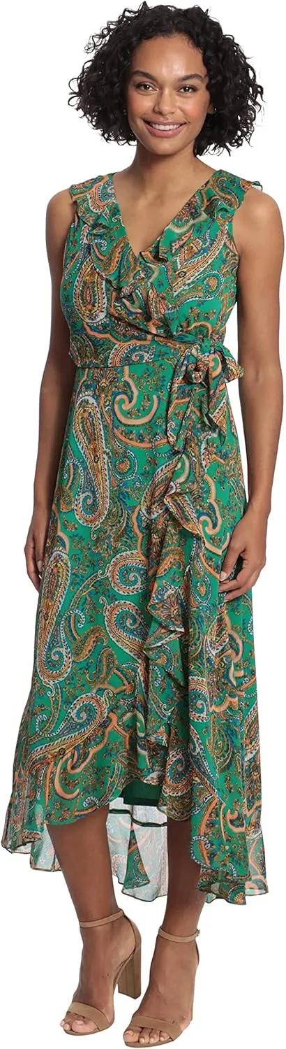 London Times Women's Hem Maxi, Ruffle Detail Hi-Low Faux Wrap Dress