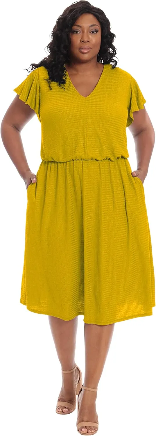 London Times Women's Plus Size V-Neck Flutter SLV Elastic Midi Dress