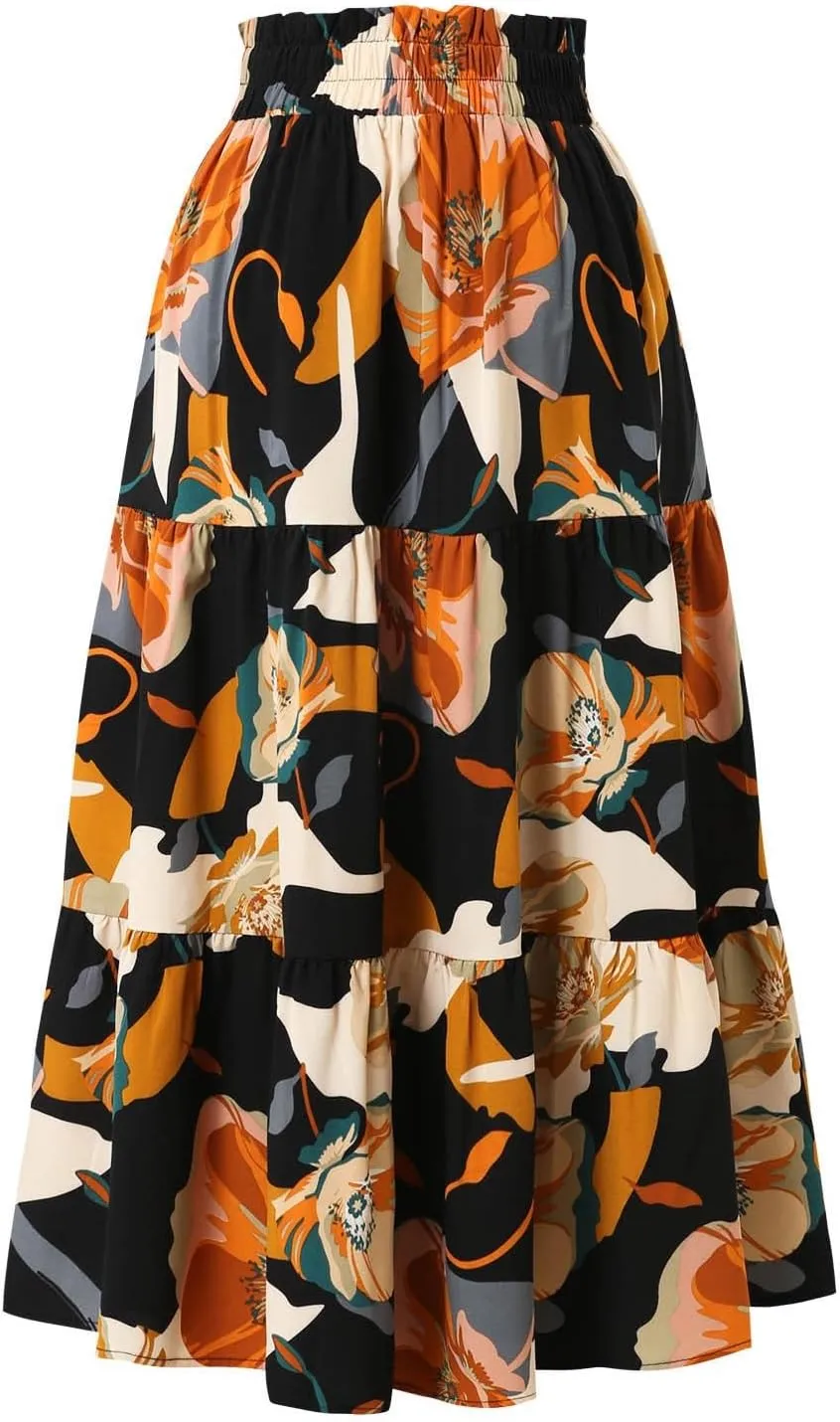 Long Summer Skirts Maxi Spring Flowy Boho Comfy Tiered Western Pleated Maxi Skirts for Women