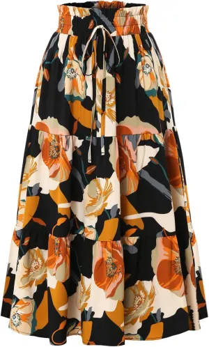 Long Summer Skirts Maxi Spring Flowy Boho Comfy Tiered Western Pleated Maxi Skirts for Women