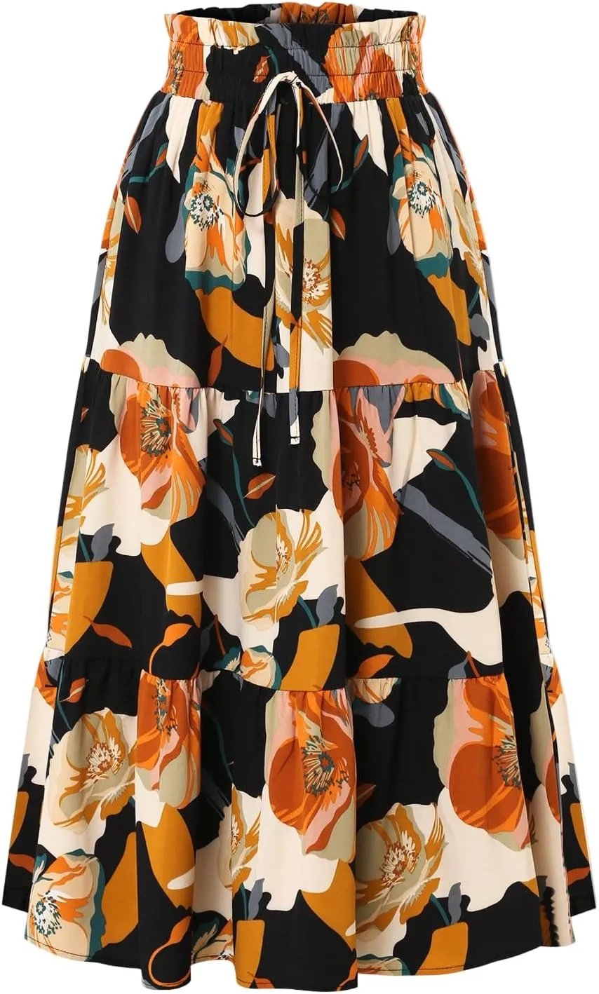 Long Summer Skirts Maxi Spring Flowy Boho Comfy Tiered Western Pleated Maxi Skirts for Women