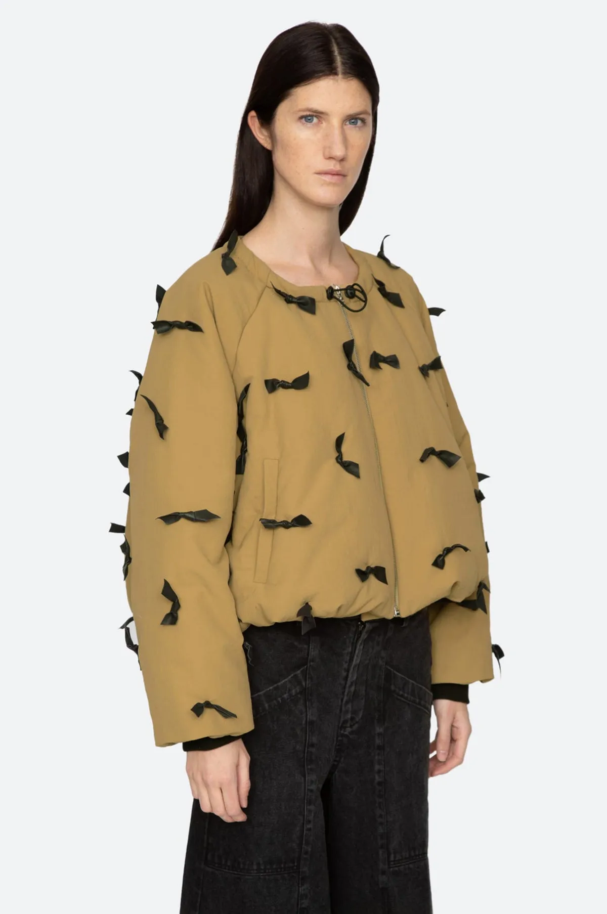 Lucienne Leather Bow Tie L/Slv Jacket Khaki