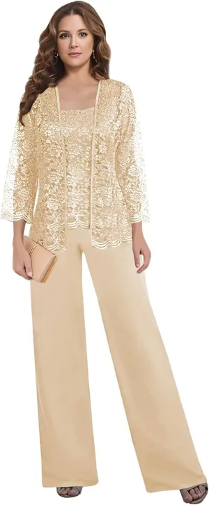 MAGGCIF 3 Pieces Mother of The Bride Pant Suits for Wedding Dressy with Jacket Chiffon Lace Sets Formal Evening Outfit