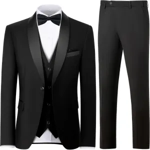 Men's 3 Piece Slim Fit Suit One Button Shawl Lapel Jacket Vest Pants Tuxedo Set with Bow Tie Pocket Square