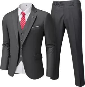 Men's 3 Pieces Suit, Solid Slim Fit One Button Blazer Set, Jacket Vest Pants with Tie for Wedding Party Business