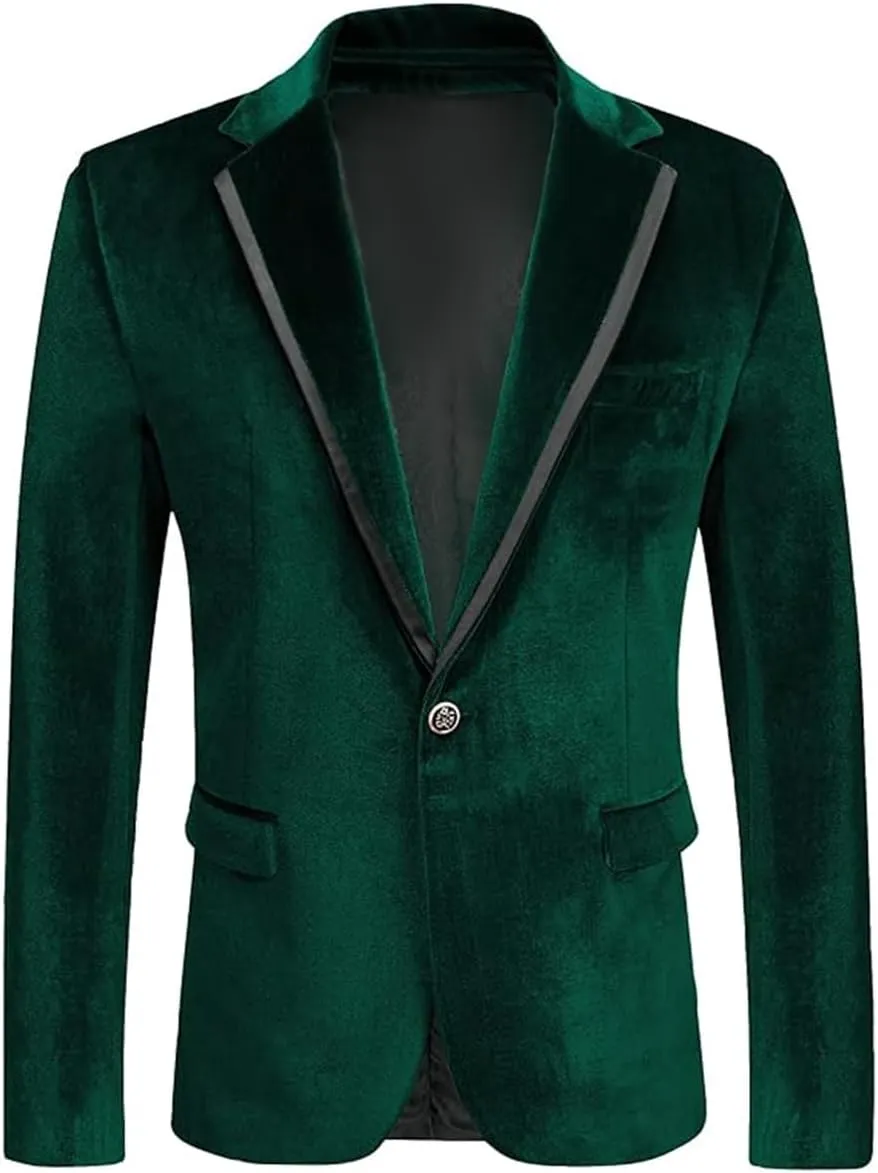Mens Velvet Blazer Slim Fit Suit Velour Jacket One Button Blazer Solid Color Tuxedo Blazer Wedding Prom Dinner