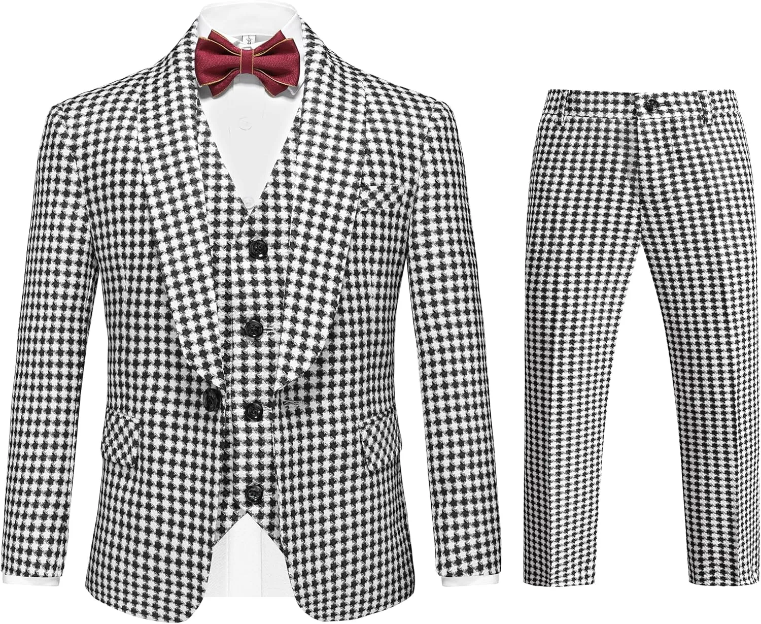 MOGU Boys 3-Piece Houndstooth Tuxedo Suit Set - Slim Fit Shawl Lapel Outfit Blazer Vest Pants Kids' Weddings Ring Bearer