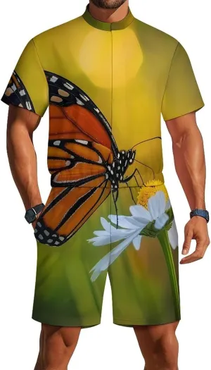 Monarch Butterfly on Flower Mens Short Sleeve Rompers Printed Slim Fit One Piece Jumpsuit with Pocket