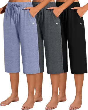 Neer 3 Pack Women's Capri Pants, Cotton Wide Leg Basic Sweatpants Lounge Loose Fit Casual Drawstring Yoga Capris with Pockets