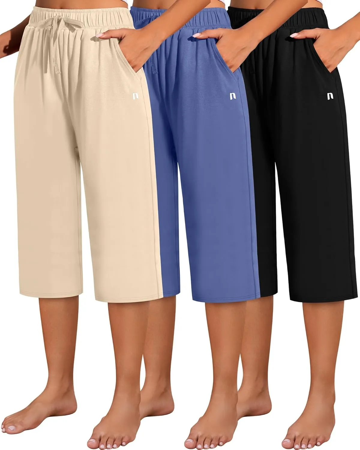 Neer 3 Pack Women's Capri Pants, Cotton Wide Leg Basic Sweatpants Lounge Loose Fit Casual Drawstring Yoga Capris with Pockets
