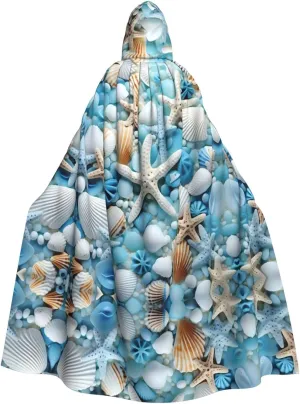 Ocean Sea Beach Seashells Starfish Blue Printing Halloween Adult Hooded Cloak for Party Decoration and Costumes