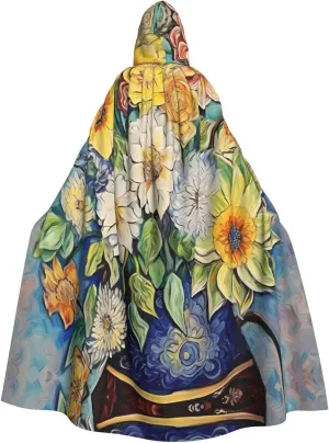 Oil on Canvas Flowers Prints Halloween Adult Hooded Cloak for Parties and Costumes with Bow Tie and Super Large Hood