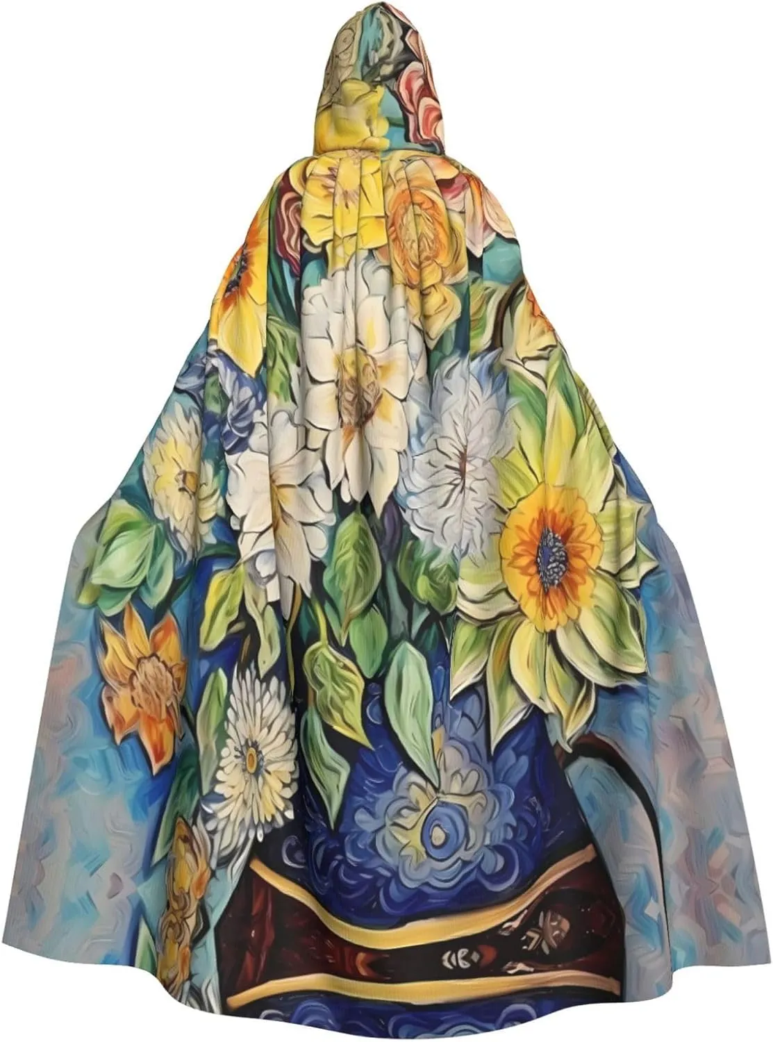 Oil on Canvas Flowers Prints Halloween Adult Hooded Cloak for Parties and Costumes with Bow Tie and Super Large Hood