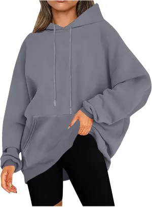 Oversized Drop Shoulder Hooded Sweatshirt for Women Long Sleeve Solid Drawstring Sweatshirt Streetwear Pullover Top
