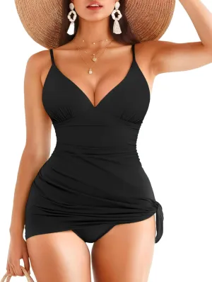 Popilush Tummy Control Swimsuits for Women One Piece Ruched Shapewear Swim Dress Split Bathing Suit