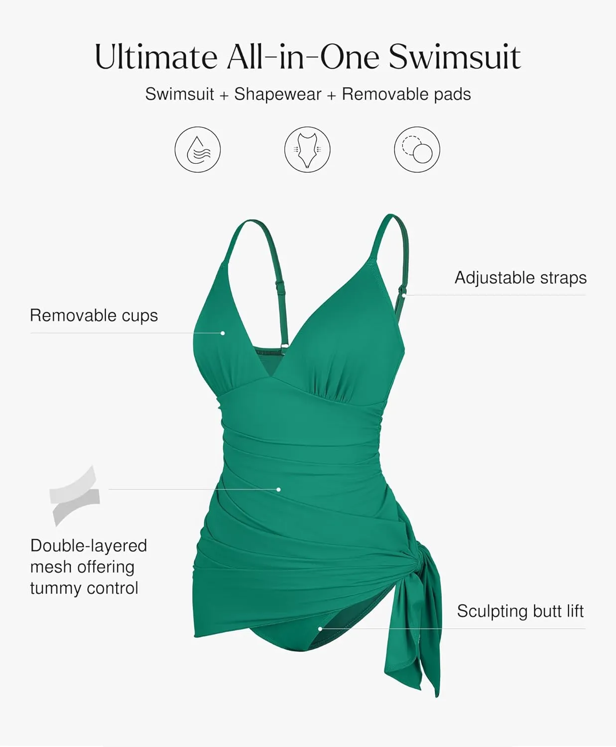 Popilush Tummy Control Swimsuits for Women One Piece Ruched Shapewear Swim Dress Split Bathing Suit