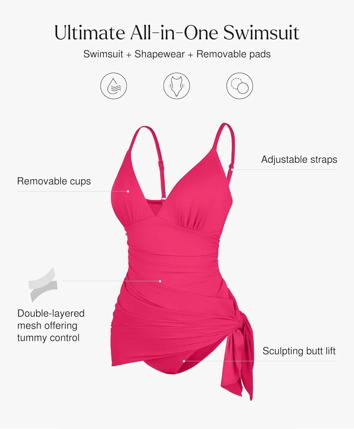 Popilush Tummy Control Swimsuits for Women One Piece Ruched Shapewear Swim Dress Split Bathing Suit