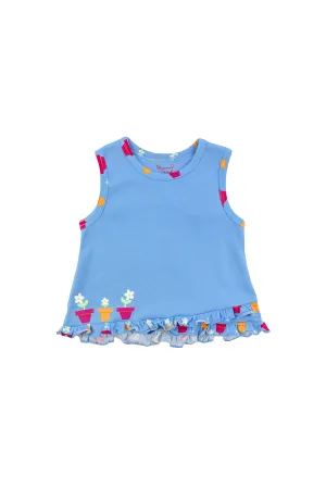 Potted Blooms Blue Knit Sleeveless Top