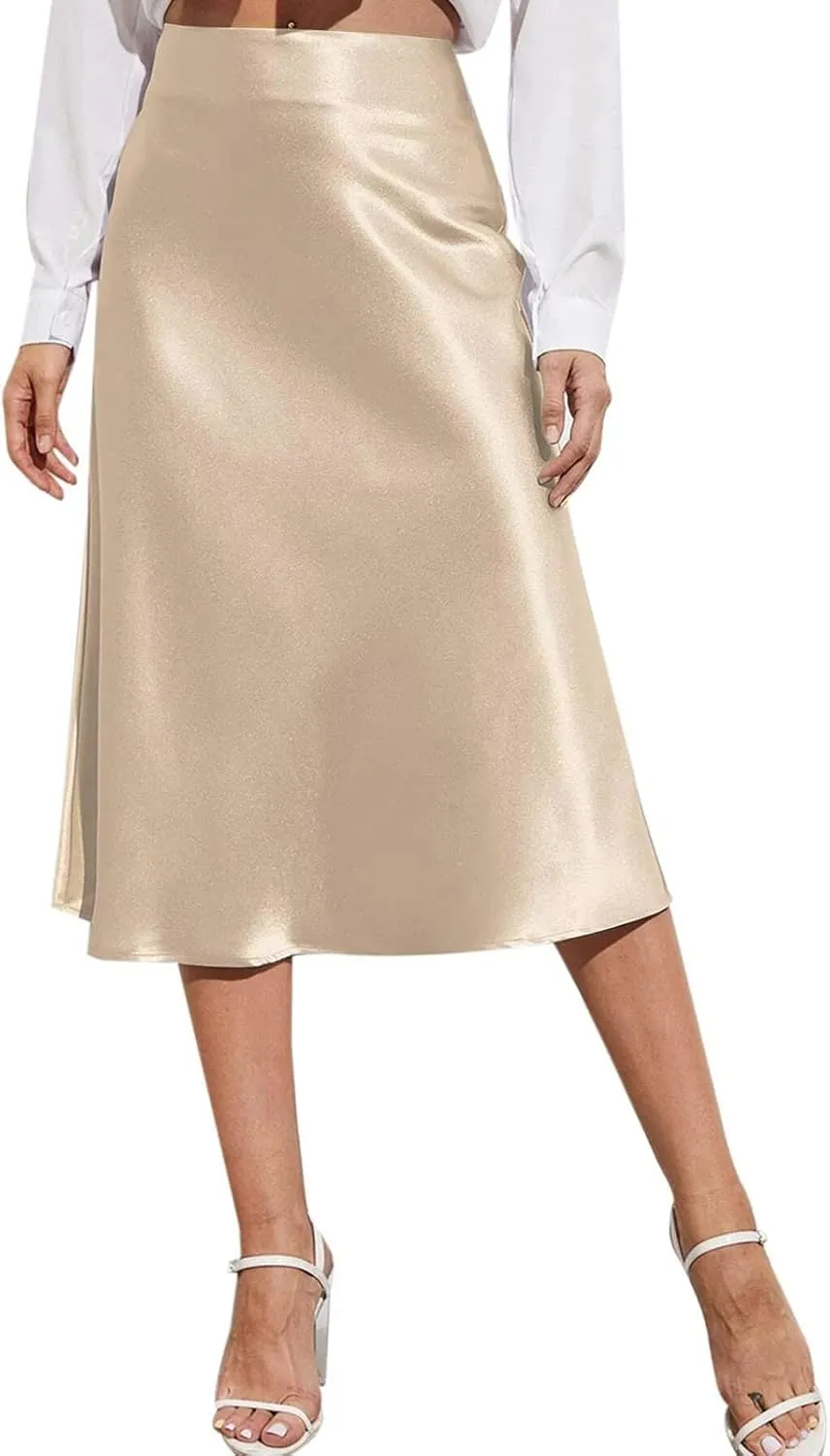 Satin Skirts for Women High Waisted Elegant Midi Length Dress Skirt with Front Tie Detail and Flowy Silhouette