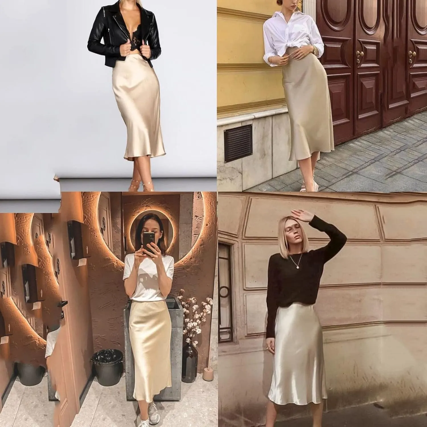 Satin Skirts for Women High Waisted Elegant Midi Length Dress Skirt with Front Tie Detail and Flowy Silhouette