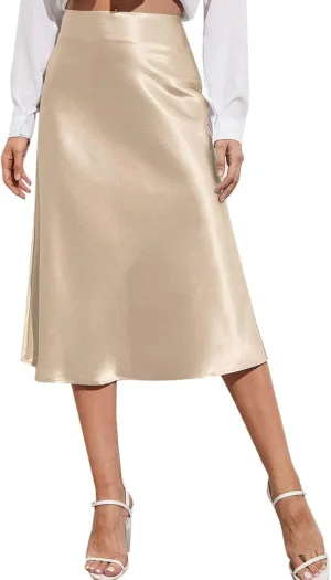 Satin Skirts for Women High Waisted Elegant Midi Length Dress Skirt with Front Tie Detail and Flowy Silhouette