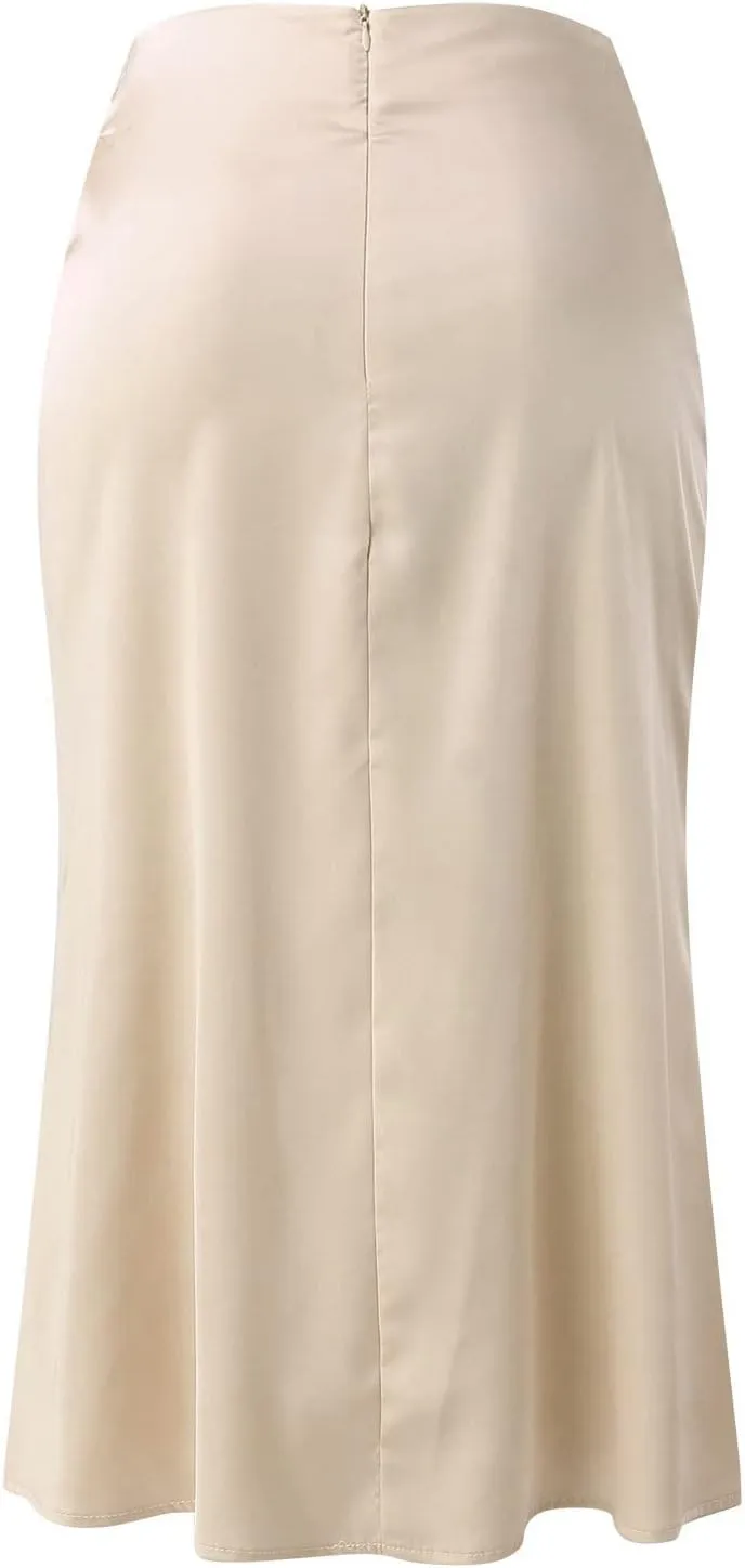 Satin Skirts for Women High Waisted Elegant Midi Length Dress Skirt with Front Tie Detail and Flowy Silhouette