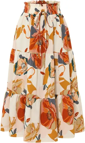 Spring Skirts for Women 2025 Floral Beach Midi Skirt Flowy Tiered Elastic High Waisted Skirts Swing A Line Skirt