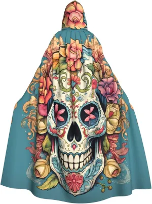 Sugar Skull Print Prints Halloween Adult Hooded Cloak for Costume Parties and Theme Events