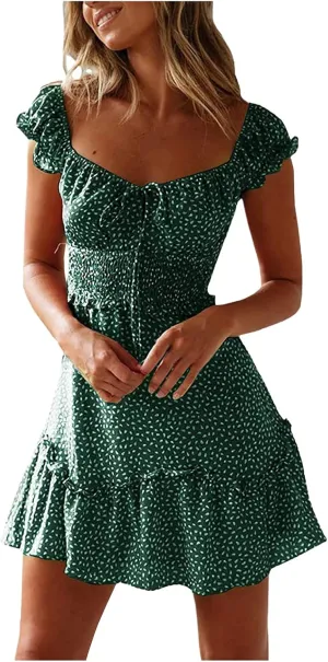 Summer Womens Smocked Dresses Ruffle Floral Tie Front Boho Sundress Polka Dot Sexy Fashion Print Neckline Mini Dress