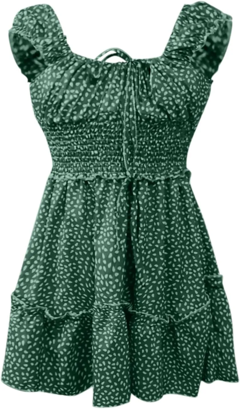 Summer Womens Smocked Dresses Ruffle Floral Tie Front Boho Sundress Polka Dot Sexy Fashion Print Neckline Mini Dress