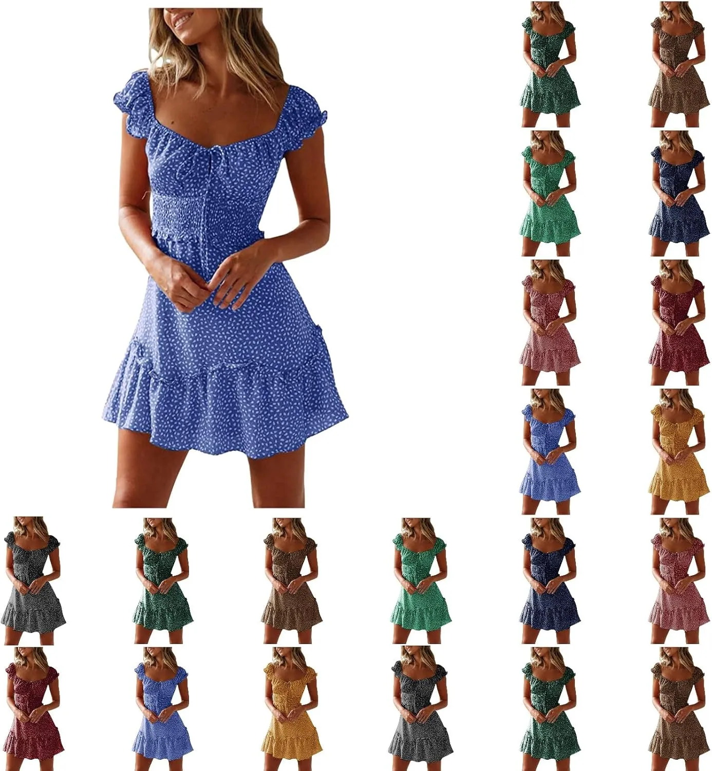 Summer Womens Smocked Dresses Ruffle Floral Tie Front Boho Sundress Sexy Fashion Print Neckline Mini Dress