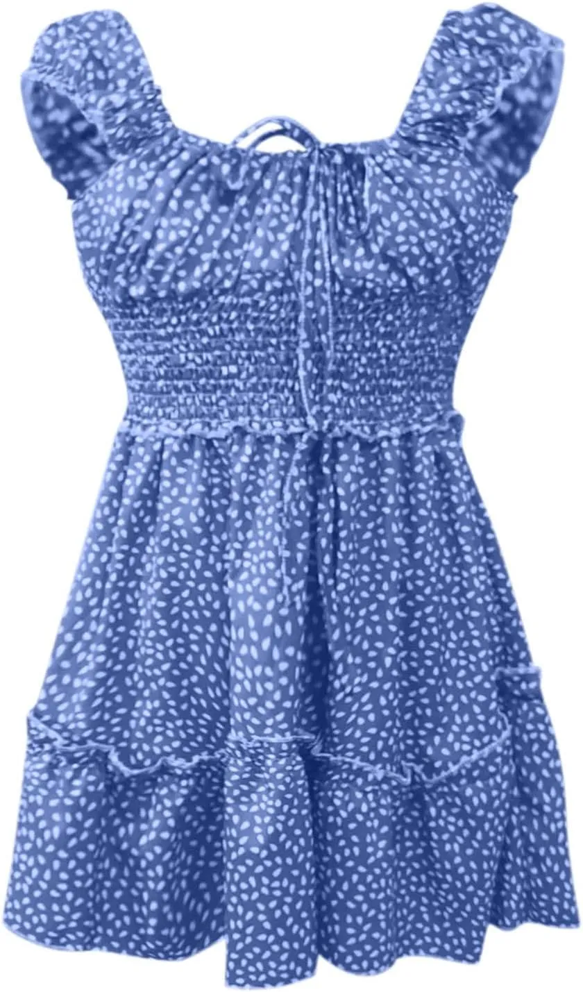Summer Womens Smocked Dresses Ruffle Floral Tie Front Boho Sundress Sexy Fashion Print Neckline Mini Dress