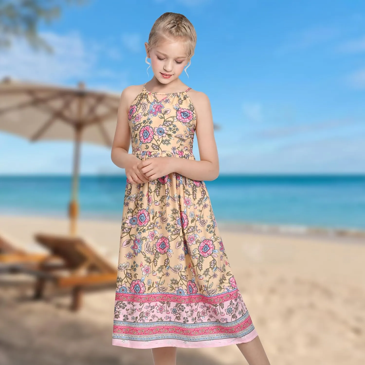 Sunny Fashion Girls Dress Tie Back Flower Black Pink Casual Dress Party