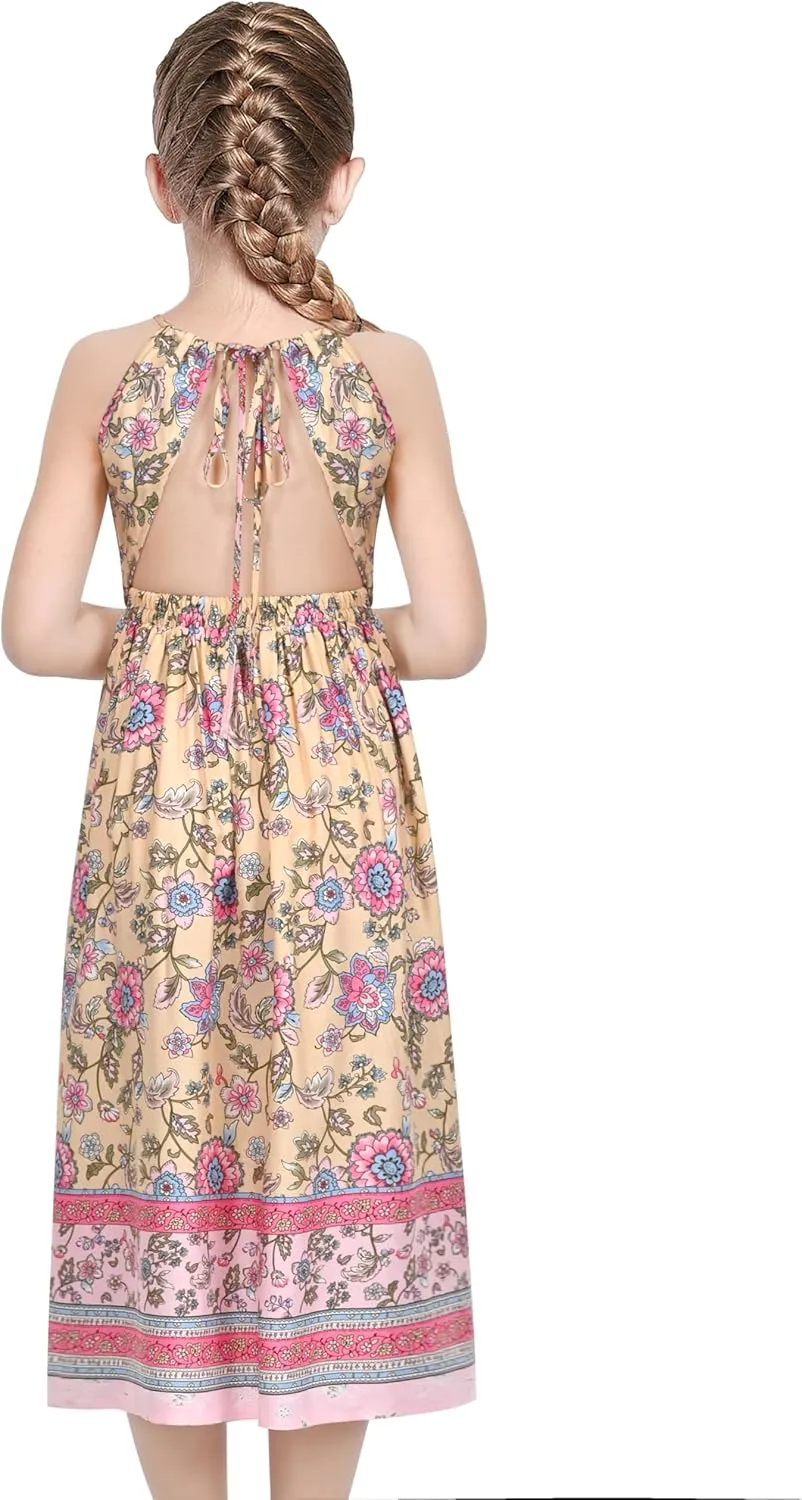 Sunny Fashion Girls Dress Tie Back Flower Black Pink Casual Dress Party