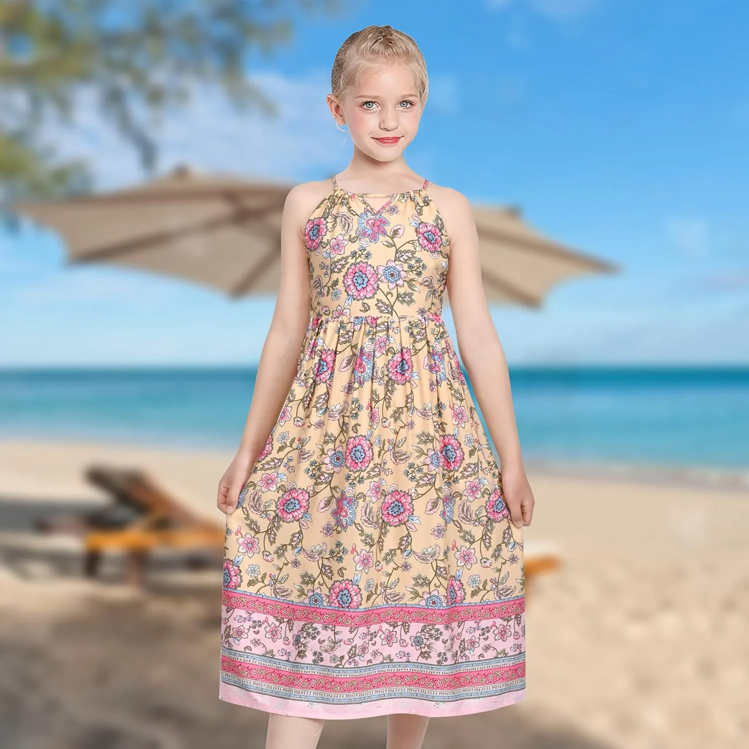 Sunny Fashion Girls Dress Tie Back Flower Black Pink Casual Dress Party