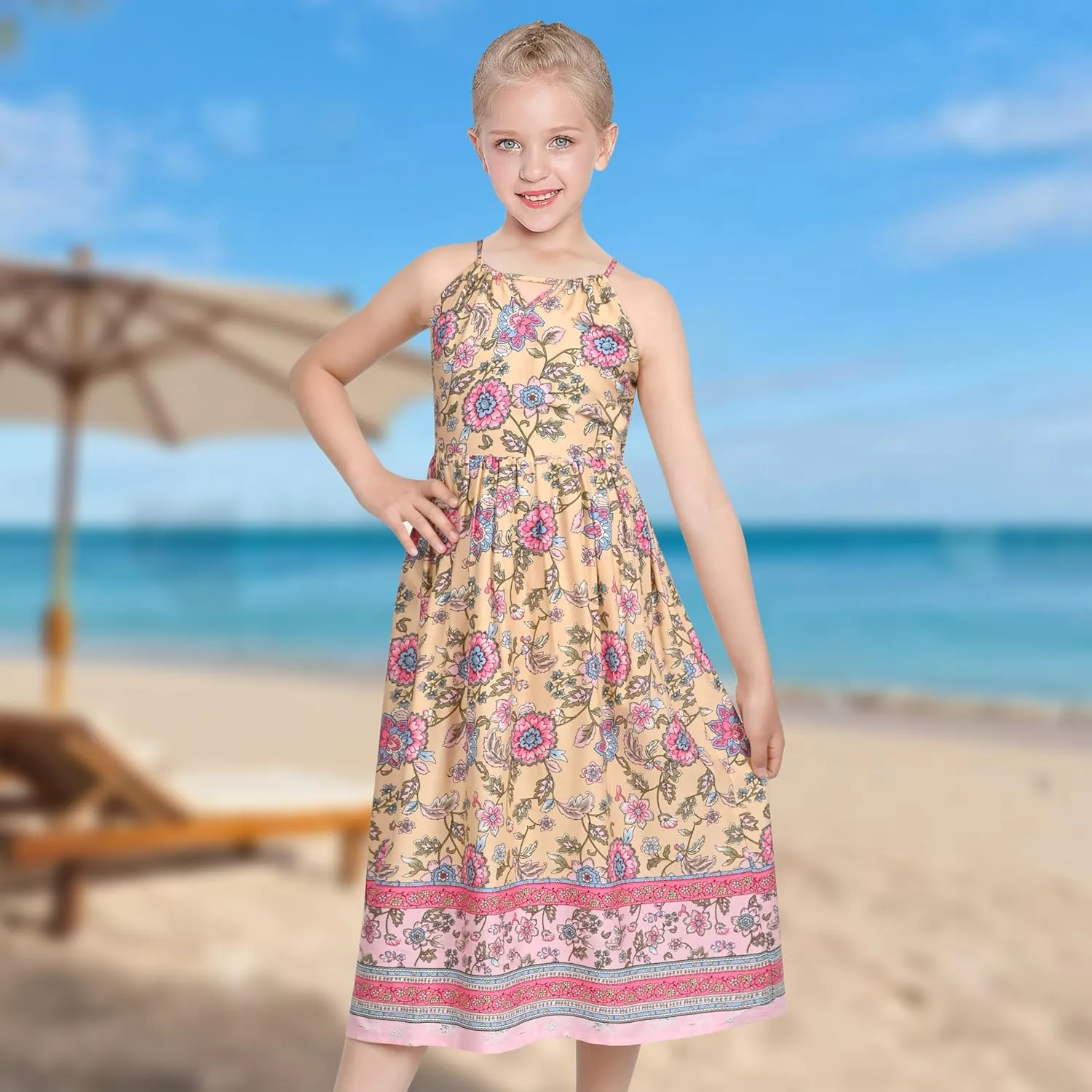 Sunny Fashion Girls Dress Tie Back Flower Black Pink Casual Dress Party